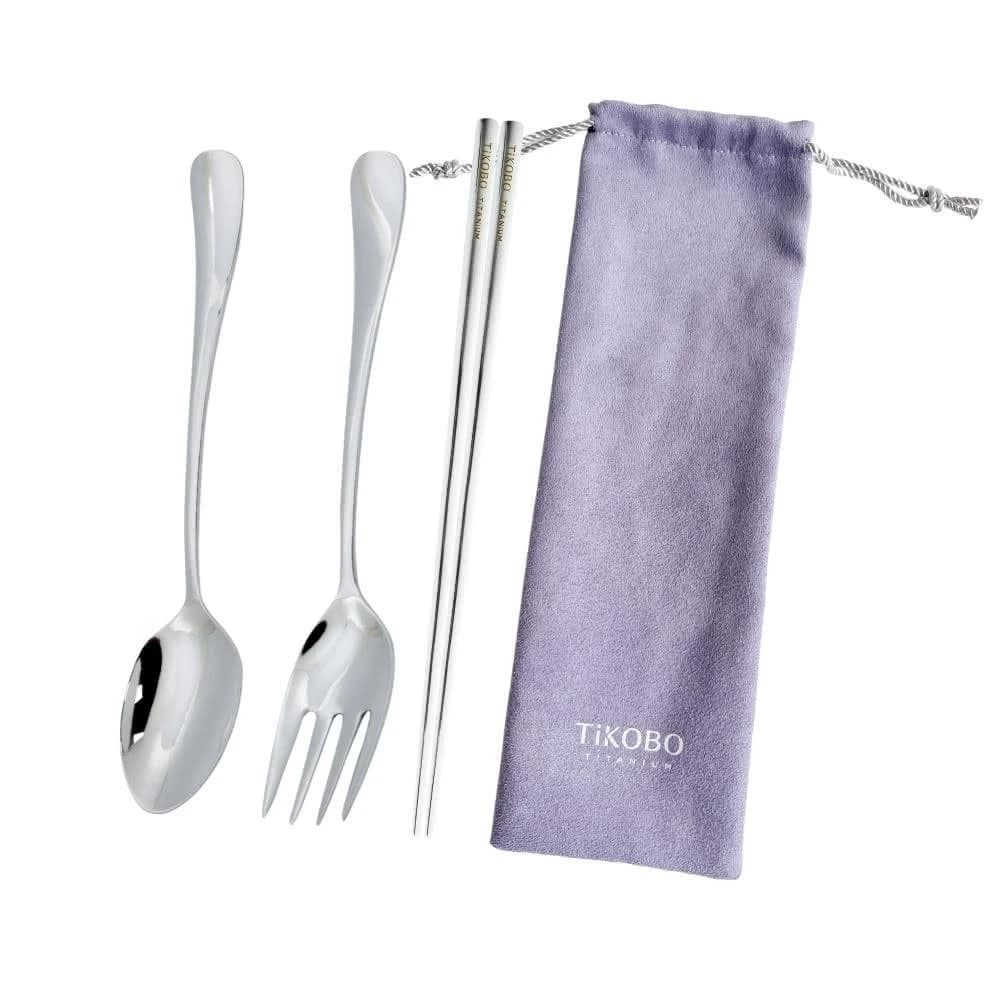 【TiKOBO 鈦工坊】純鈦湯叉筷3件組 附絨布袋 含湯匙+叉子+筷子23.5cm ( 環保餐具 飯匙 水果叉 空心筷 方形筷 非不鏽鋼 )