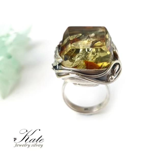 【KATE】銀飾 🎁古典歐風波蘭天然琥珀純銀戒指 天然琥珀 手工琥珀戒指 大顆琥珀原礦 珀花超美 生日禮物 情人禮物