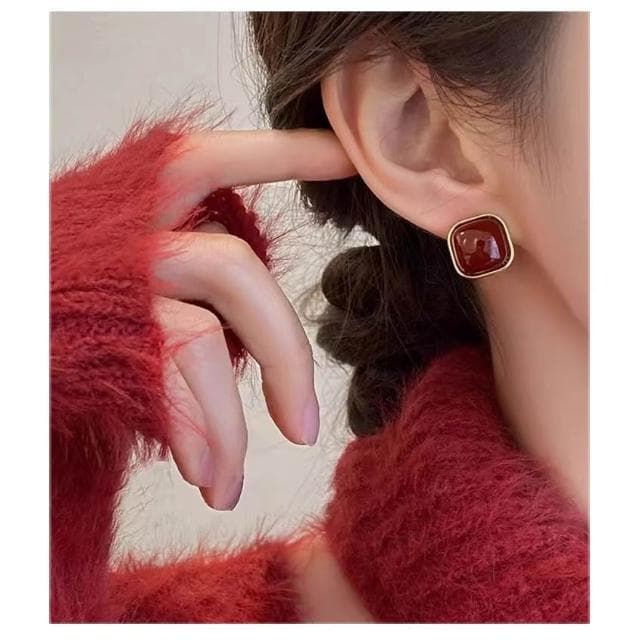 復古港風紅色滴釉幾何耳釘女秋冬氣質耳飾情人節禮物送女友