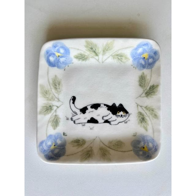 sayone三色堇貓咪陶瓷餐具釉下彩繪手作正方盤碗碟喬遷禮情人禮物