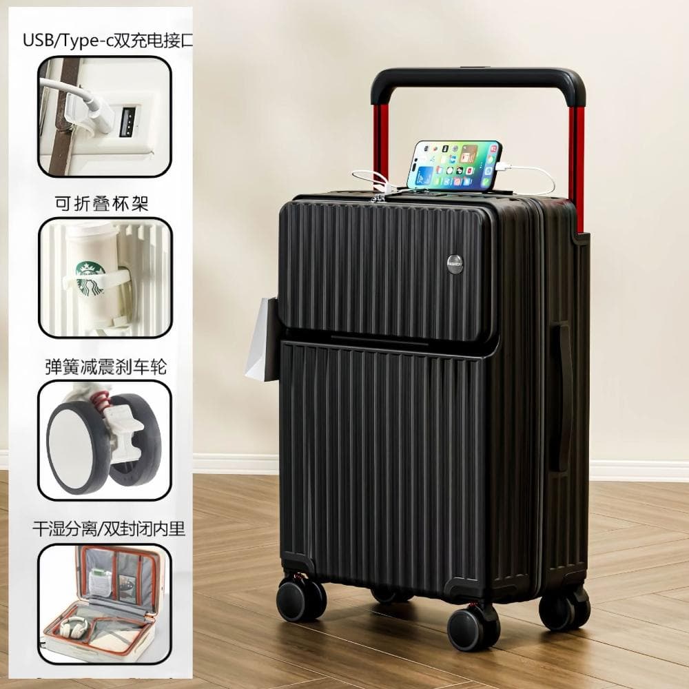 掀開蓋行李箱寬桿 前置開口拉鍊 20吋登機旅行箱 萬向輪靜音輪 杯架多功能行李箱 寬拉桿箱24寸USB26吋行李箱