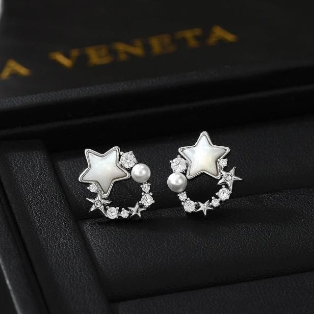 SMiss Si【現貨速發】925銀針韓國設計感星星耳釘 花環鑲鑽鋯石精緻天然貝母珍珠環形耳環 女 輕奢華麗 耳針 耳飾
