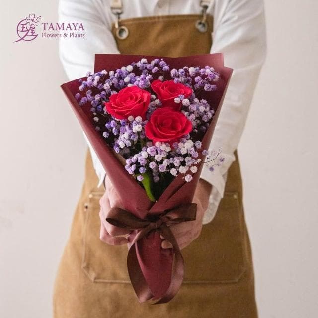 玉屋TAMAYA  牡丹紫x紫語 3朵玫瑰花束 (鮮花 開幕升遷 發表會 生日祝賀 告白 畢業祝福 520 紀念日)