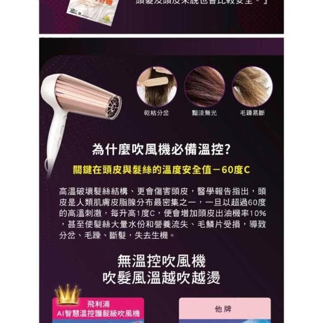 【Philips 飛利浦】智慧溫控天使光護髮吹風機 附烘罩 HP8280/01