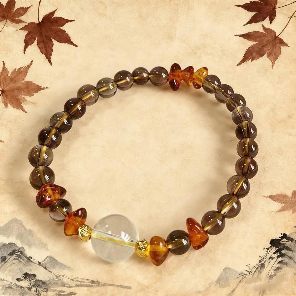 【Paiya 派亞】原創設計天然12MM白水晶＋6MM茶水晶＋花珀隨行手串手鍊