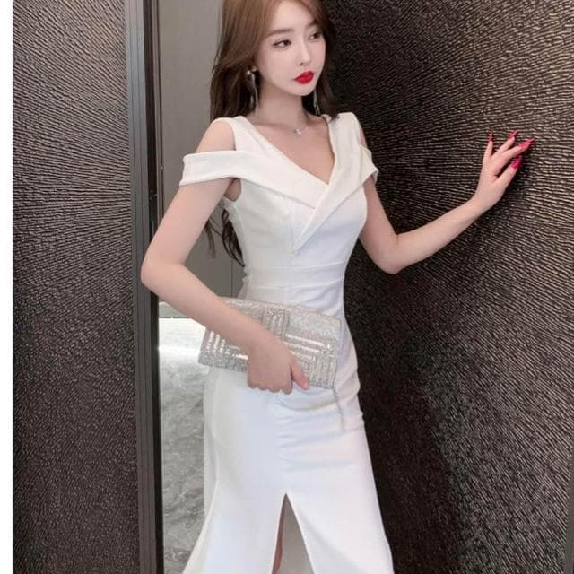 【臧女皇】新款夜店性感低胸露肩長裙晚禮服夜場過膝長洋裝禮儀主持人禮服宴會婚禮 生日派對約會裝扮