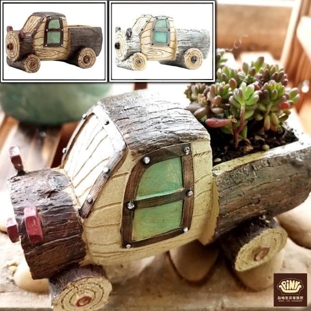 【PiNYU 品柚生活傢飾館】卡車花盆(童話森林田園木☆微景觀多肉盆栽場景佈置 樹樁小卡車卡通多肉植物花盆)