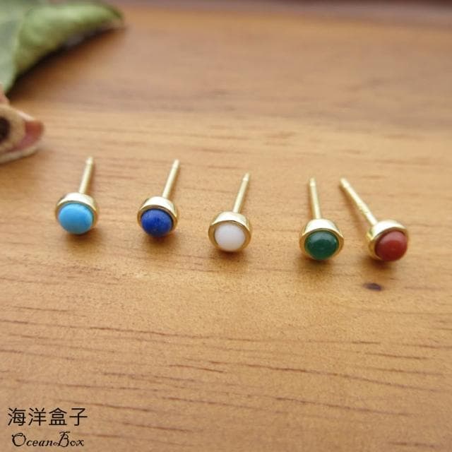 【海洋盒子】迷你小巧多色天然石S925純銀金色耳環(鍍金貼耳耳環)