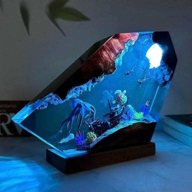 章魚和海龜樹脂小夜燈情侶潛水夫探索海底世界獨特裝飾耶誕節禮物