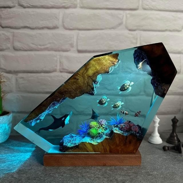 虎鯨樹脂環氧小夜燈海龜樹脂藝術燈手工樹脂燈臥室裝飾情人節禮物