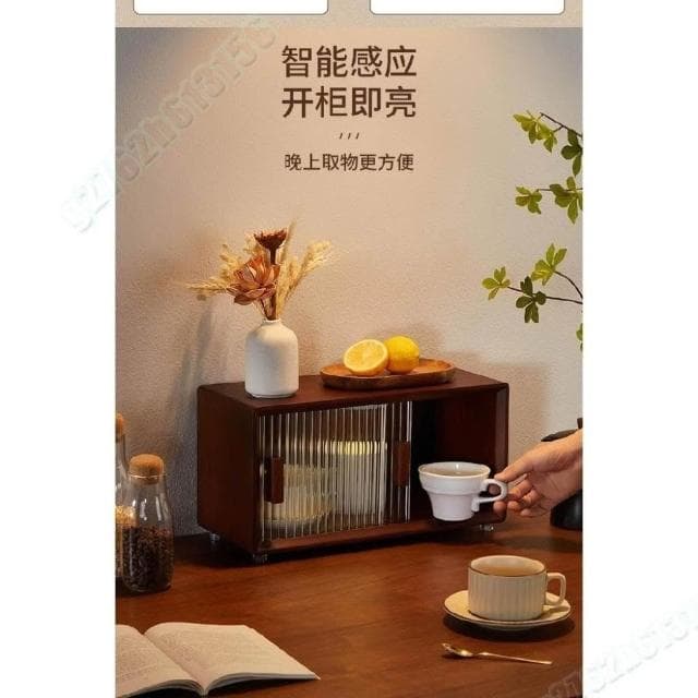 桌面收纳柜 实木餐桌水杯茶具置物架 咖啡杯子收纳盒 防尘厨房储物柜 防塵廚櫃 杯子層架  茶水间杯子櫃 瓶罐