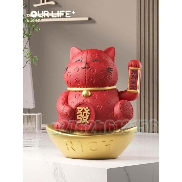 招財貓擺件吉祥物 自動招手皮質紋理存錢罐 手搖存錢罐招財貓 桌面擺件 日常送禮 國潮樹脂擺件 祝福禮物 擺件
