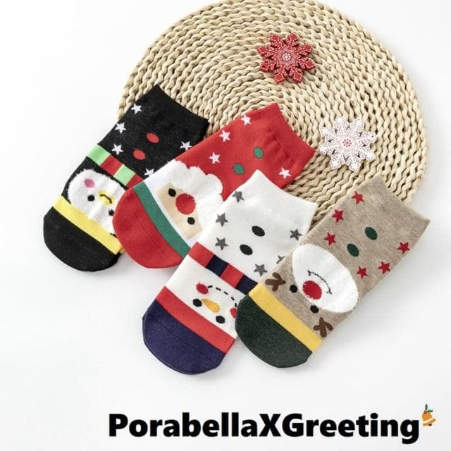 【Porabella】盒裝繽紛撞色聖誕中筒襪交換禮物雪人麋鹿雪人點點撞色可愛聖誕節必買精美包裝(一組4雙)