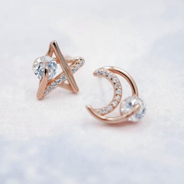 【Porabella】S925純銀星星月亮可☆小巧耳釘 星月童話 微鑲鑽不對稱耳環 Earrings