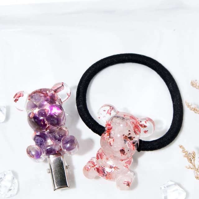 【Dawn Fashion 彤恩時尚】水晶許願熊 XS號《髮夾 / 髮圈》原礦碎石 粉水晶 草莓晶 紫水晶/生日禮物/父親節禮物