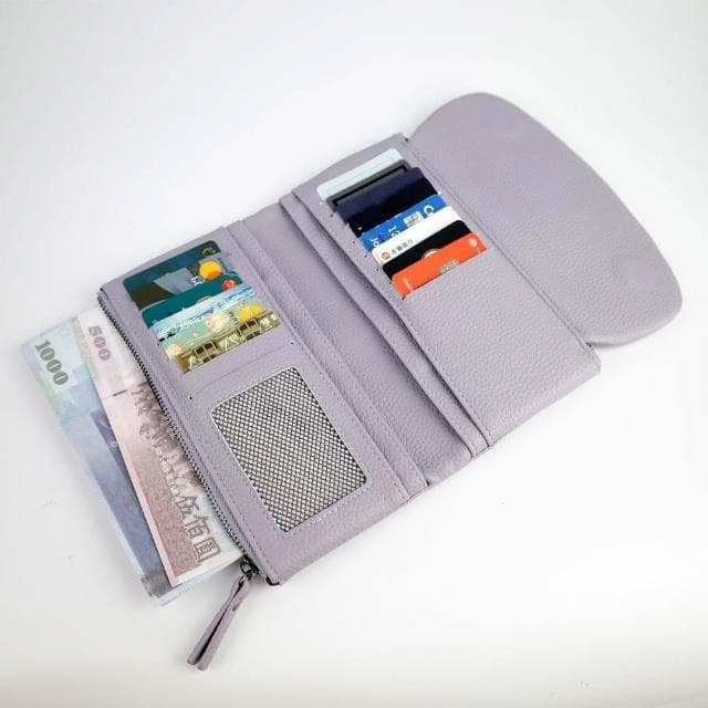 柔軟皮革線紋掀蓋長夾 隱形磁扣 多卡位錢包 女用皮夾 多功能長夾 119736
