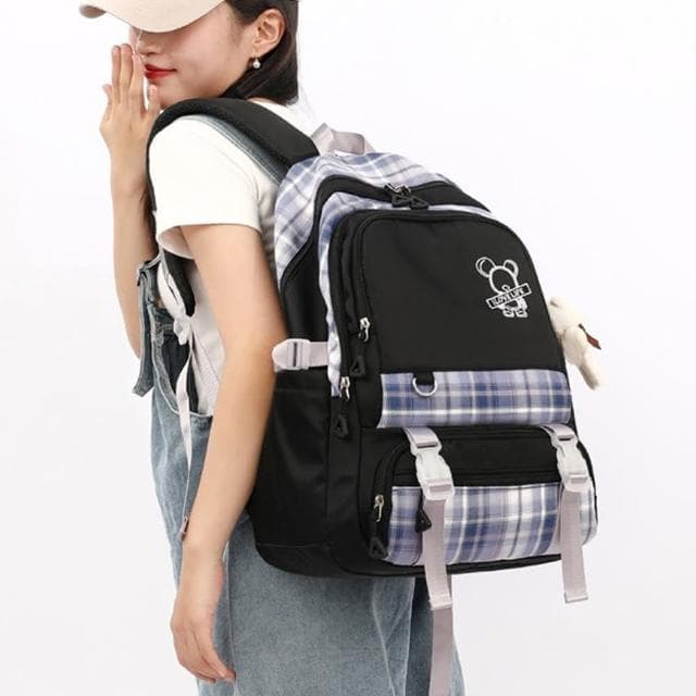 【LEESA】尼龍後背包\學生書包\包包\可愛包包\格子包包\上課包包\大容量後背包\大學生包包\日系包包\禮物