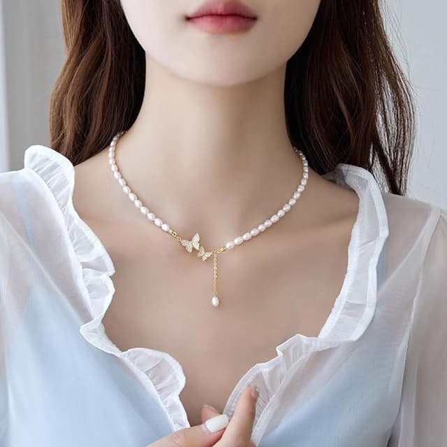 【LEESA】珍珠項鍊\純銀項鍊\蝴蝶項鍊\流蘇\in項鍊\巴洛克珍珠項鍊\鎖骨鏈\女生禮物\生日禮物\送禮