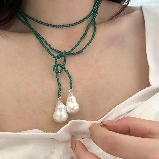 【LEESA】珍珠項鍊\綠尖晶石項鍊\寶石項鍊\長項鍊\頸鍊\鎖骨鍊\串珠項鍊\毛衣鍊\氣質項鍊\配飾\送女生\生日禮物