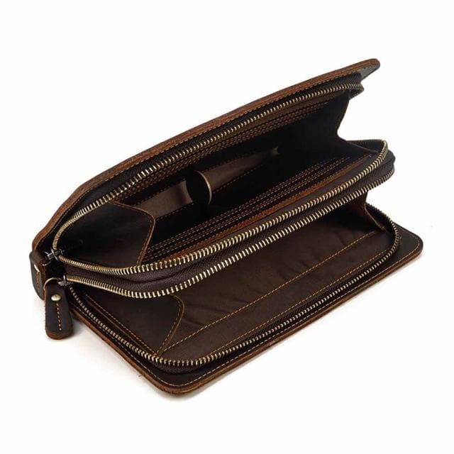 【LEESA】雙層拉鍊錢包\男士手拿錢包\大容量手拿錢包\復古牛皮包\牛皮手機包\多卡位錢包\真皮手抓包\送長輩男友\生日禮物