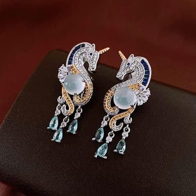 【LEESA】獨角獸\防過敏耳環\純銀耳環\925銀針\垂墜耳環\飾品\女生耳環\耳飾\水滴耳環\鋯石\鋯石耳環\耳釘\銀針