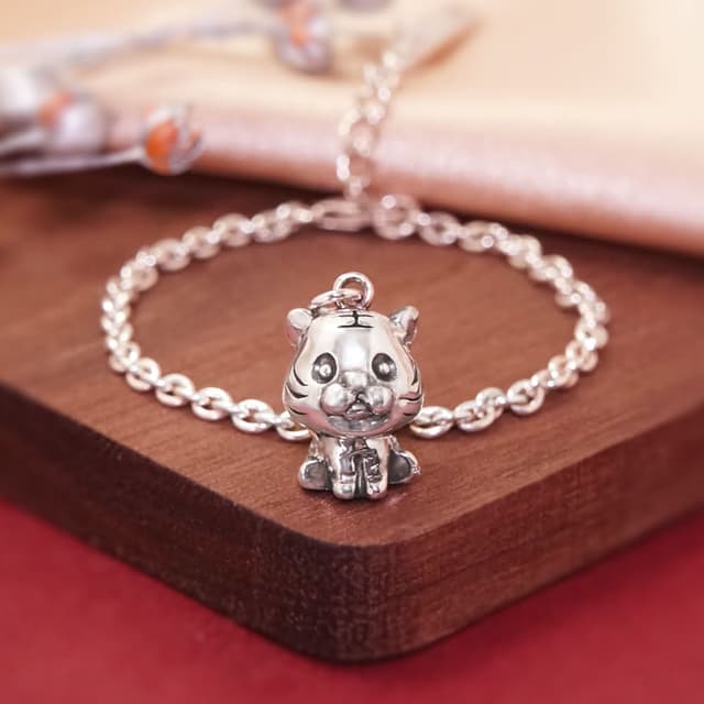 【ART64】純銀兒童手鍊/寶寶手鍊 彌月禮/生日禮物推薦 福虎生豐 虎寶寶造型 細版