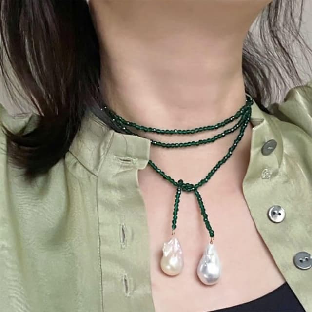【MoonDy】項鍊 珍珠項鍊 綠尖晶石項鍊 寶石項鍊 毛衣鍊 氣質項鍊 配飾 長項鍊 頸鍊 鎖骨鍊 串珠項鍊 送女生 生日禮物