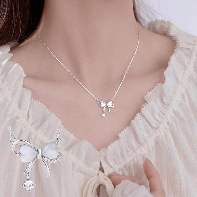 【MoonDy】貓眼石項鍊 鎖骨鏈 女項鍊 可愛項鍊 S999項鍊 足銀項鍊 純銀項鍊 項鍊 蝴蝶結項鍊 生日禮物