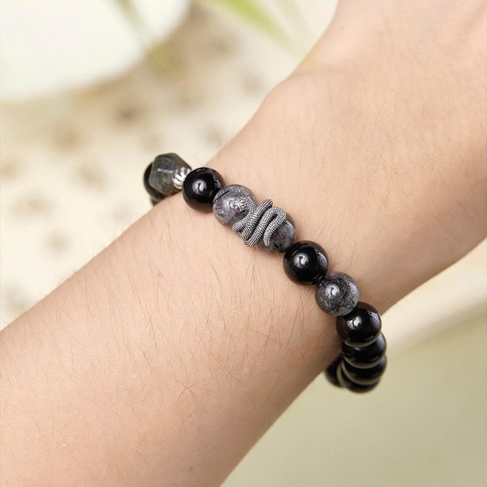 【MoonDy】水晶手串 手串男 黑曜石 黑髮晶 手鍊 手環 飾品 復古風 925 純銀 本命年 新中式 黑曼巴 保平安 生日禮物