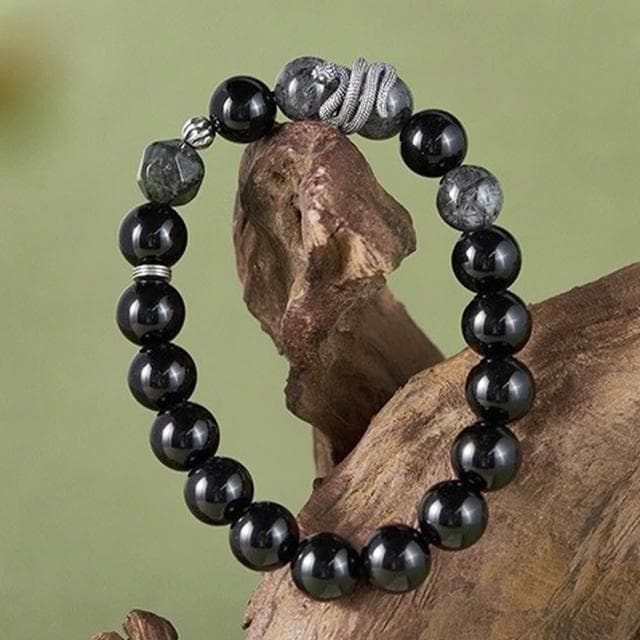 【MoonDy】水晶手串 手串男 黑曜石 黑髮晶 手鍊 手環 飾品 復古風 925 純銀 本命年 新中式 黑曼巴 保平安 生日禮物