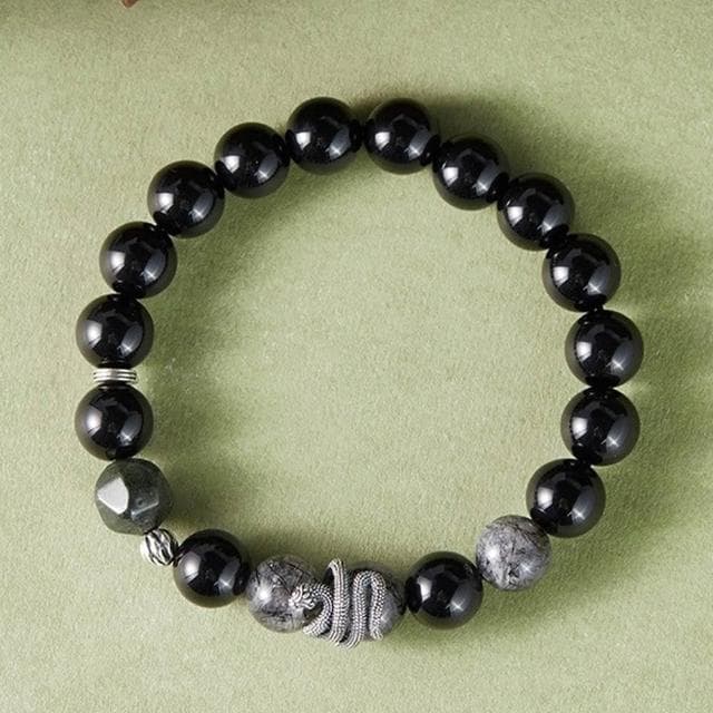 【MoonDy】水晶手串 手串男 黑曜石 黑髮晶 手鍊 手環 飾品 復古風 925 純銀 本命年 新中式 黑曼巴 保平安 生日禮物