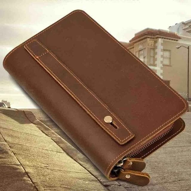 【KT DADA】多卡位錢包 雙層拉鍊錢包 大容量手拿錢包 復古牛皮包 男士手拿錢包 牛皮手機包 真皮手抓包 送長輩男友 生日禮物