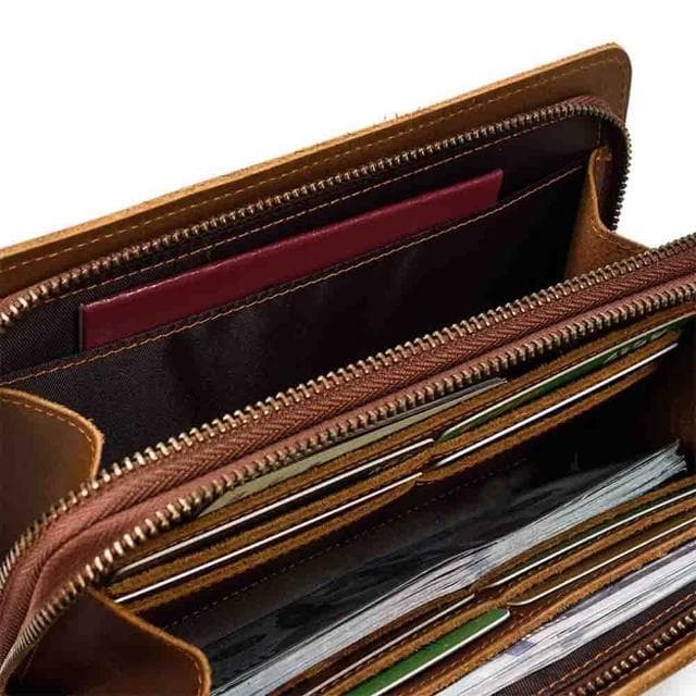 【KT DADA】多卡位錢包 雙層拉鍊錢包 大容量手拿錢包 復古牛皮包 男士手拿錢包 牛皮手機包 真皮手抓包 送長輩男友 生日禮物