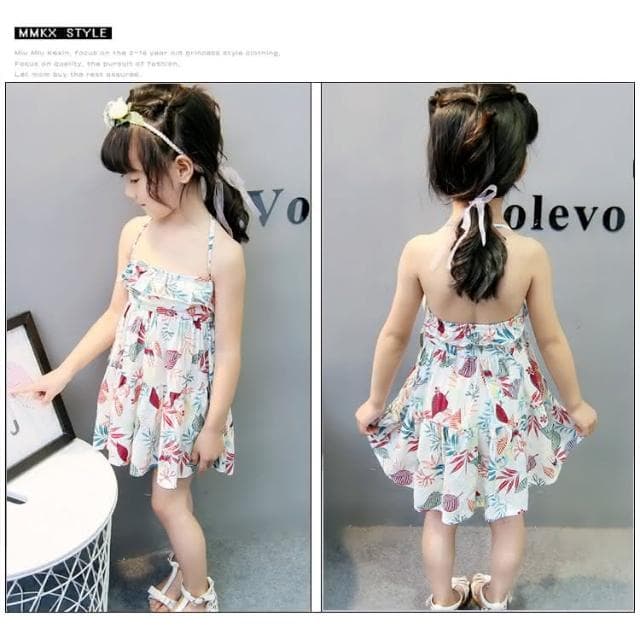 【Arbea】夏季連衣裙女童綿綢洋氣公主裙中大兒童露背吊帶裙沙灘碎花裙兒童女童 C494
