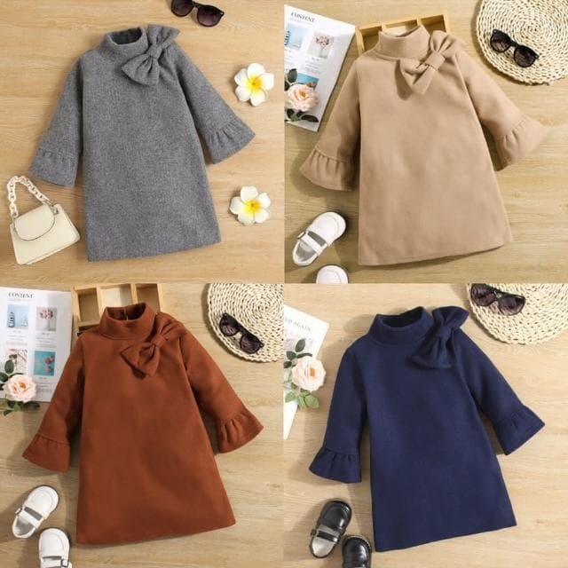 【Arbea】童裝兒童秋冬新款連衣裙女童歐美風大蝴蝶結淨色公主裙幼童兒童A字裙 C447