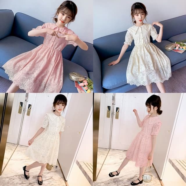 【Arbea】夏季童裝新款女童甜美珍珠翻領蕾絲連衣裙中大兒童洋氣裙子 C432