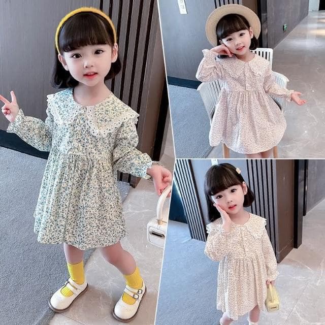 【Arbea】秋季長袖女童清新小花翻領連衣裙中小童裙兒童棉布裙 C202