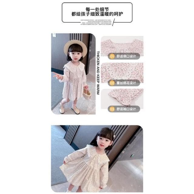【Arbea】秋季長袖女童清新小花翻領連衣裙中小童裙兒童棉布裙 C202
