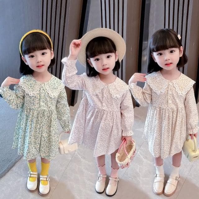 【Arbea】秋季長袖女童清新小花翻領連衣裙中小童裙兒童棉布裙 C202