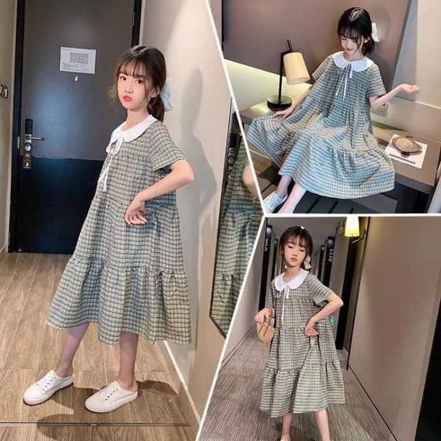 【Arbea】中大童女童翻領連衣裙夏季新款兒童短袖寬鬆時尚女孩洋氣淑女風格子裙 C212