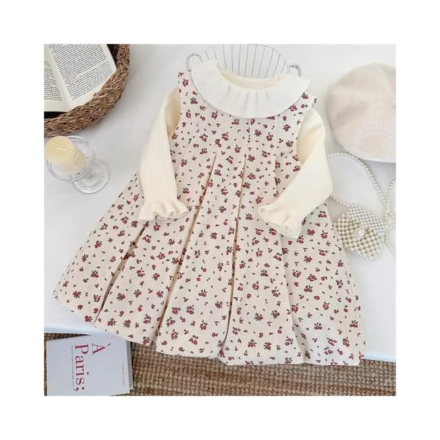 【Arbea】秋冬兒童女童新款西式森系小花布衣打底衣兩件式套裝連身裙針織衫 C1027
