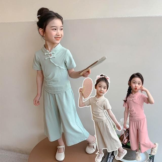 【Arbea】新中式女童套裝夏季新款盤扣休閒寶寶夏季衣服兒童夏季時尚兩件式 C1072