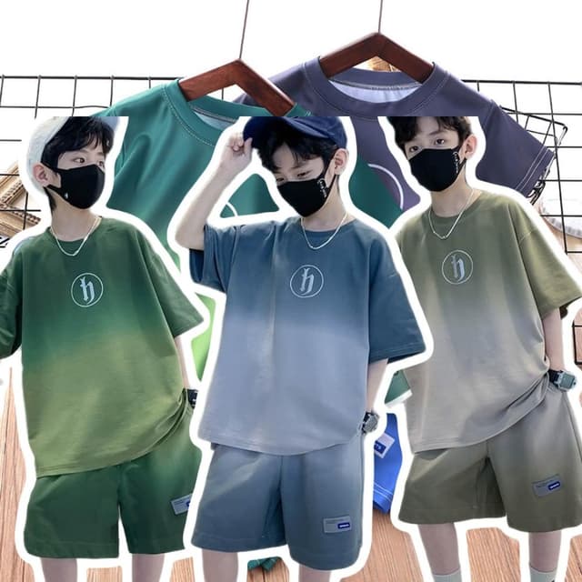 【Arbea】兒童夏季短袖套裝男童夏裝新款中大童男孩衣服漸變色短袖短褲 C1093