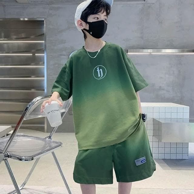 【Arbea】兒童夏季短袖套裝男童夏裝新款中大童男孩衣服漸變色短袖短褲 C1093