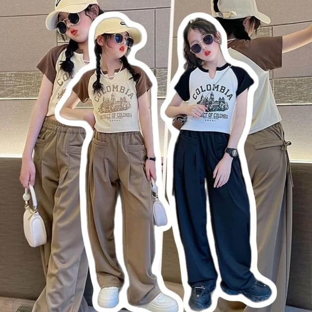 【Arbea】中大童120-170碼女童短袖T卹夏裝套裝新款洋氣兒童短上衣休閒直筒褲兩件套 C1170