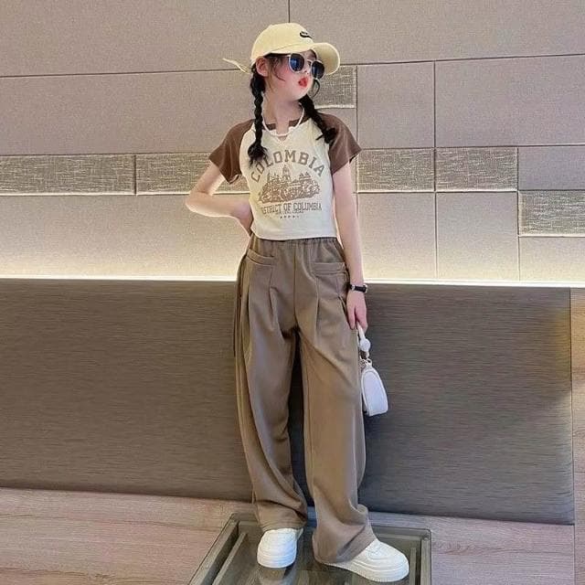 【Arbea】中大童120-170碼女童短袖T卹夏裝套裝新款洋氣兒童短上衣休閒直筒褲兩件套 C1170