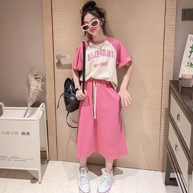 【Arbea】中大童120-170碼女童夏裝半身裙套裝韓版洋氣時尚中大童裝兒童夏日裙短袖兩件套【C1192】