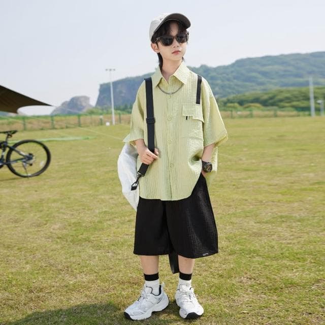 【Arbea】中大童120-170碼夏季中大男童襯衫短袖套裝新款童裝兒童男孩短褲兩件套透氣寬鬆潮【C1195】
