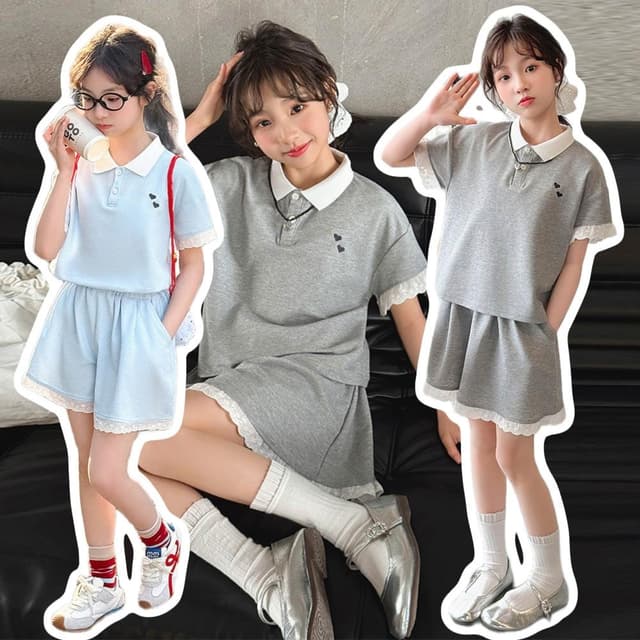 【Arbea】中大童120-170碼夏季女童polo衫短袖T卹套裝童裝兒童女孩短褲兩件套休閒翻領洋氣【C1196】