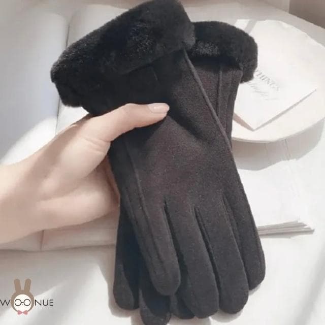 【WOONUE】超高質感保暖可觸控手套親膚羊毛加絨防寒雙層手套黑奶茶色(閨蜜情人聖誕節朋友母親節紀念女友禮物)